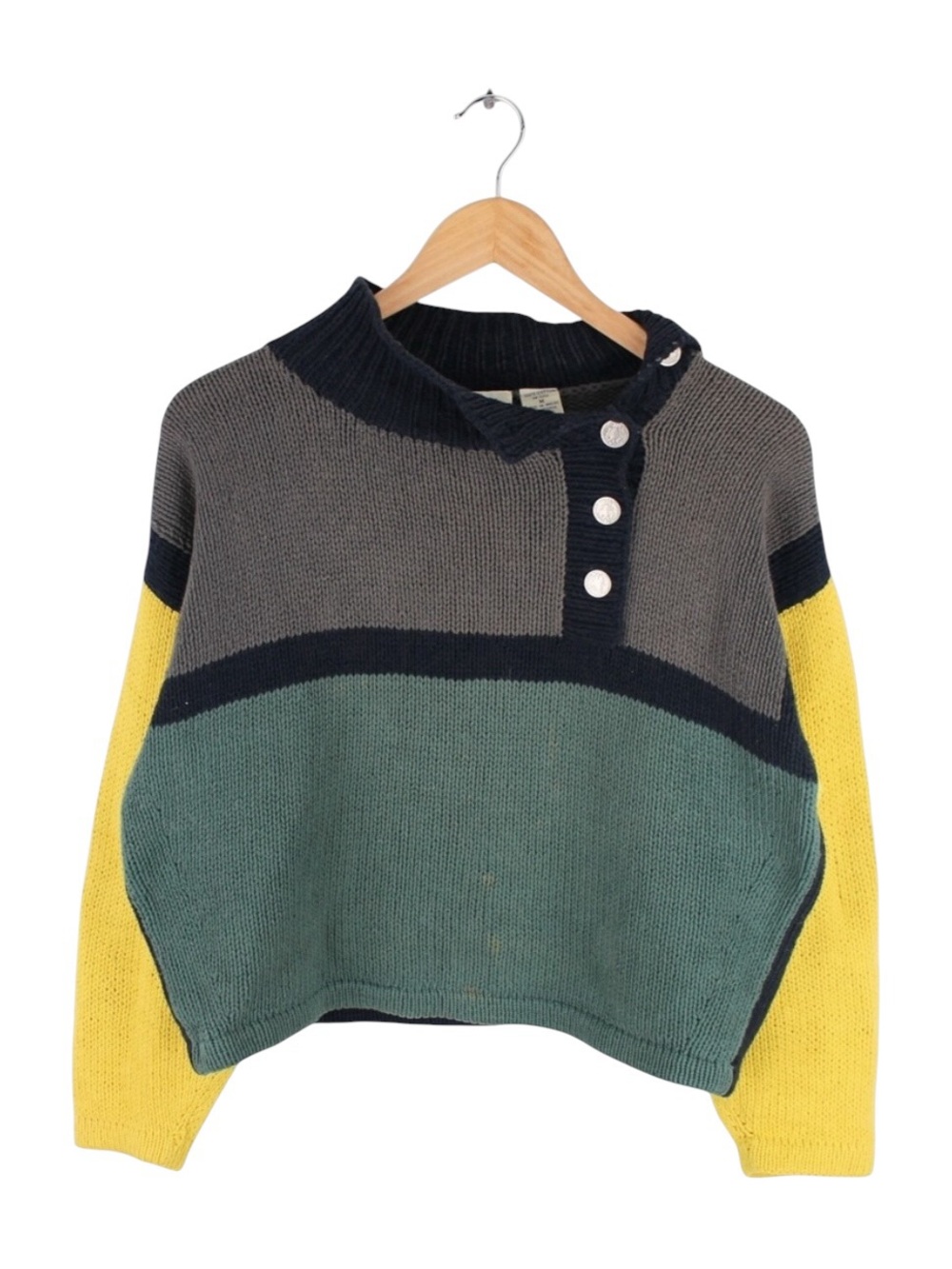 Vintage Anne Mieke Sweater Hand Knit Cotton Colorblock Button Neck Size M